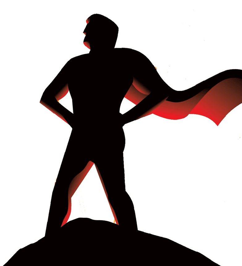 A heroic figure standing confidently with a flowing cape