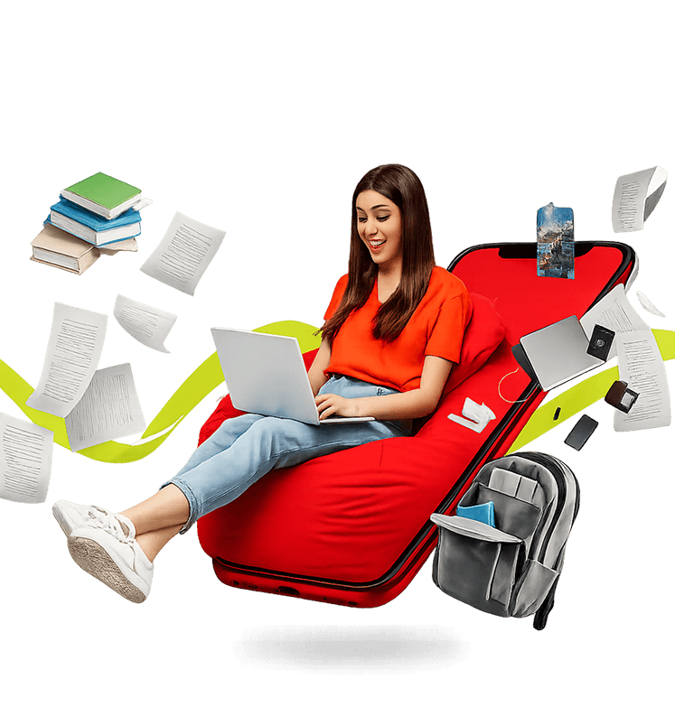 A student learning online with books, papers, and school supplies